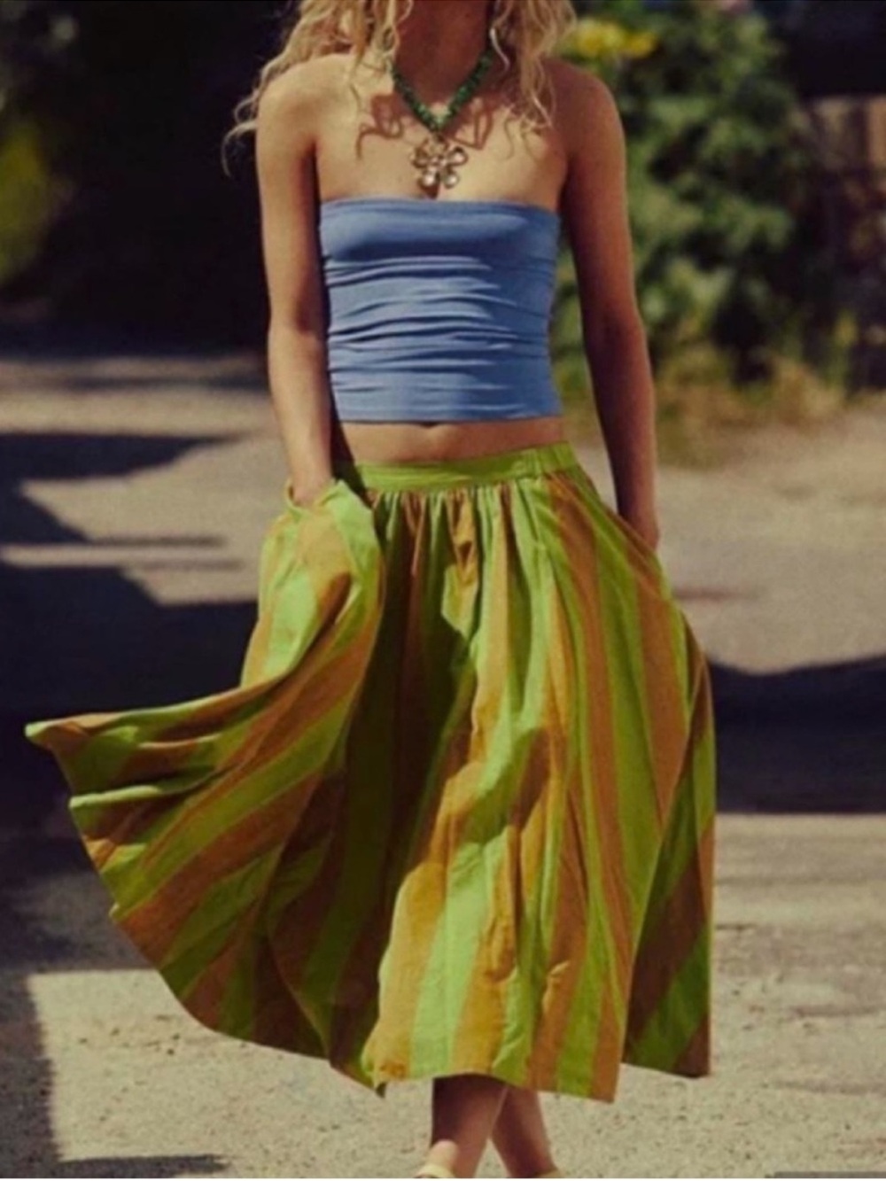 NWT Free People Green and Yellow Striped Midi Lowen Skirt Size S